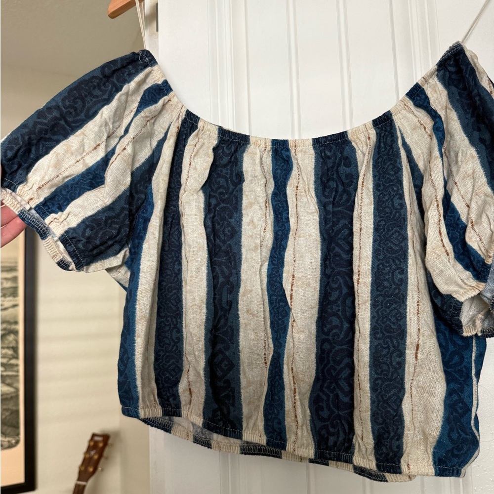 Navy and White Striped Off-Shoulder Crop Top